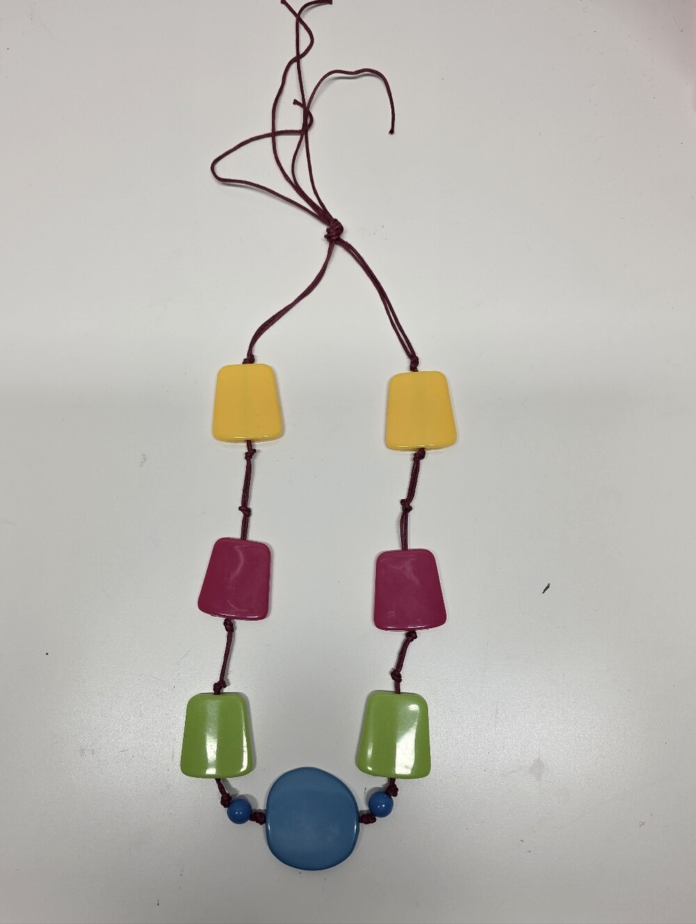 Y2K Color-Block Bead Necklace - Yellow, Pink, Green, Blue On Eaxed Cord 20"